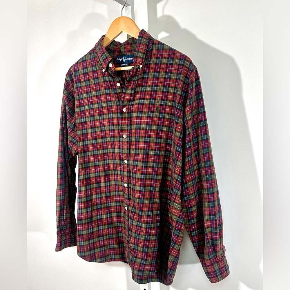 90’s Ralph Lauren Classic Fit Plaid Oxford Shirt (Men’s L) green horse pony